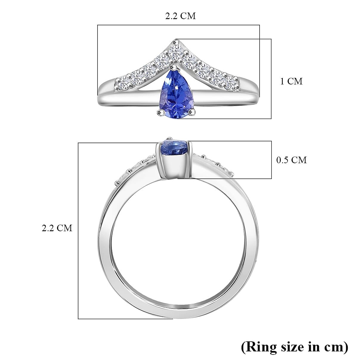 Tanzanite, White Zircon Wishbine Drop Ring in Overlay Rhodium Overlay Sterling Silver