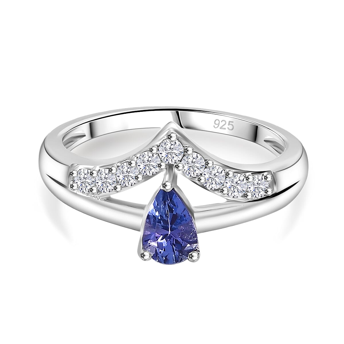 Tanzanite, White Zircon Wishbine Drop Ring in Overlay Rhodium Overlay Sterling Silver