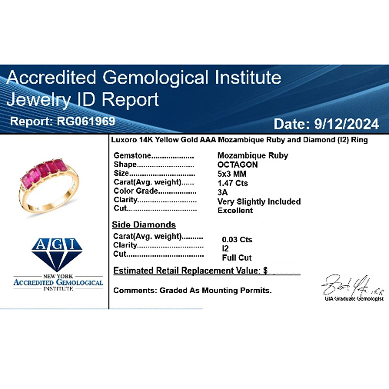 Luxoro  14K W Gold  AAA   Mozambique Ruby ,  White Diamond  I2 Ring 1.55 ct,  Gold Wt. 3.75 Gms  1.550  Ct.