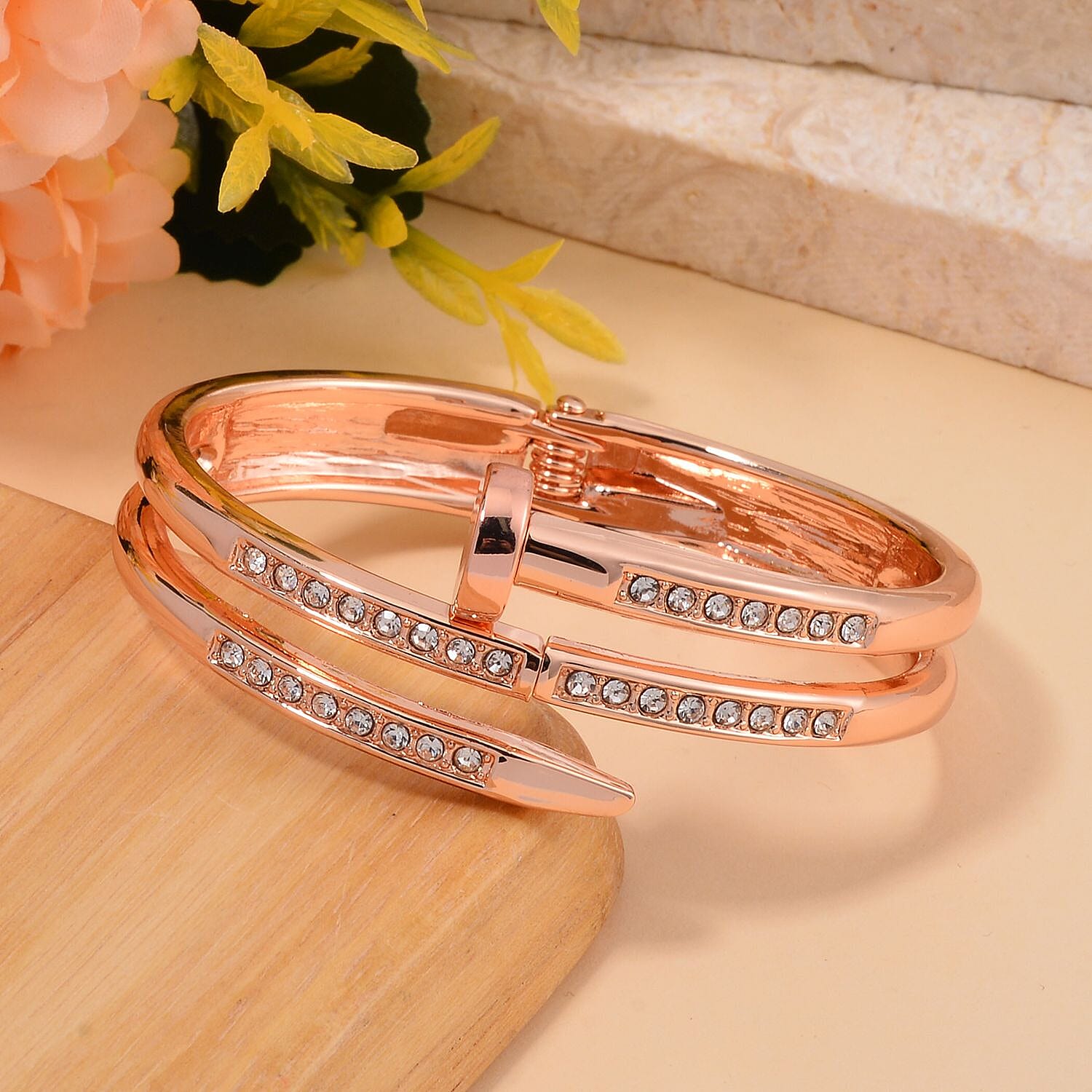 Openable Angle Designer Inspired-White Crystal Openable Bangle (Size - 7.5) in Rose ...