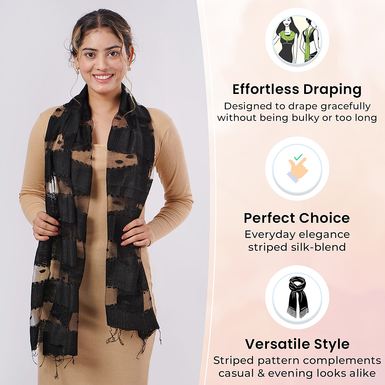 30% Silk and Modal Printed Scarf (Size - One Size) - Black