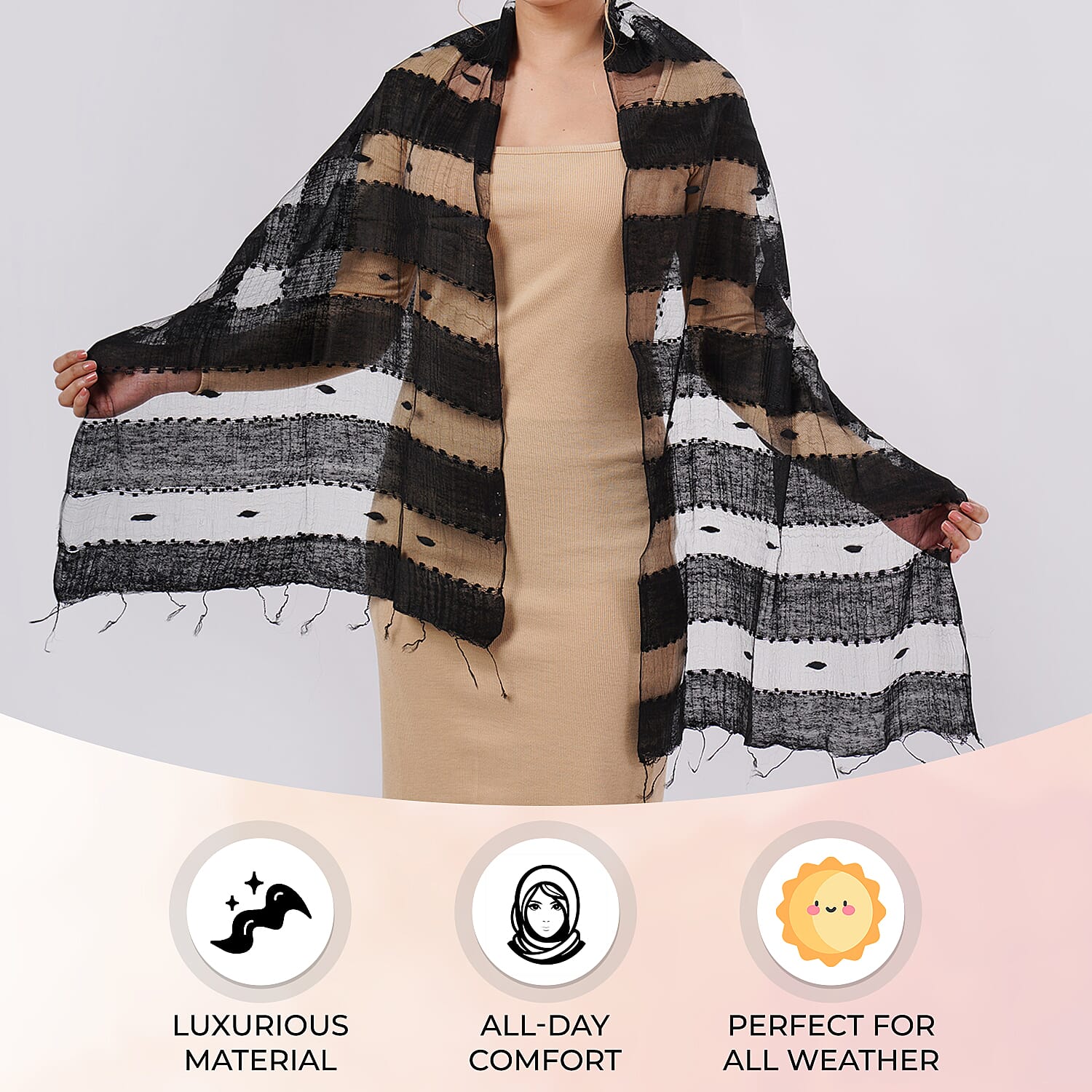 30% Silk and Modal Printed Scarf (Size - One Size) - Black