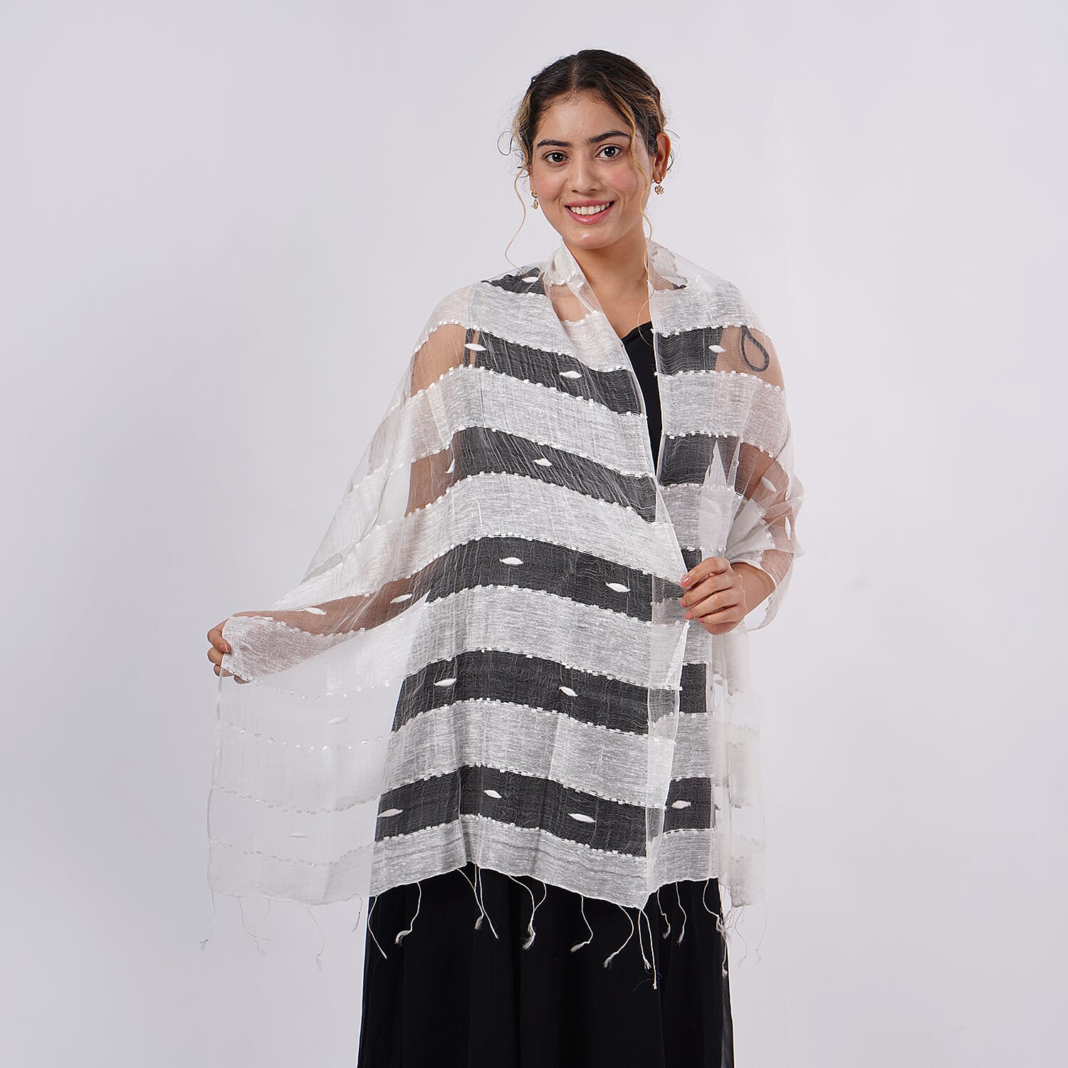 30% Silk and Modal Printed Scarf (Size - One Size) - White