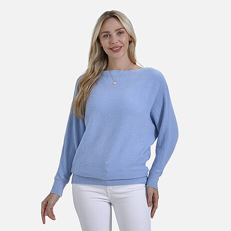 Tamsy Cotton Blend Boat Neck Bat Sleeve Jumper (One Size) - Light Blue