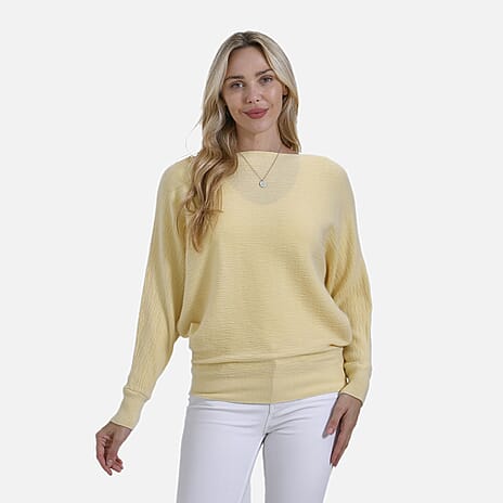Tamsy Cotton Blend Boat Neck Bat Sleeve Jumper (One Size) - Yellow
