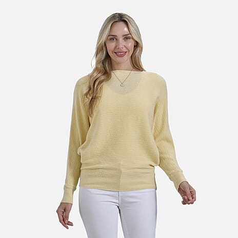 Tamsy Cotton Blend Boat Neck Bat Sleeve Jumper (One Size) - Yellow