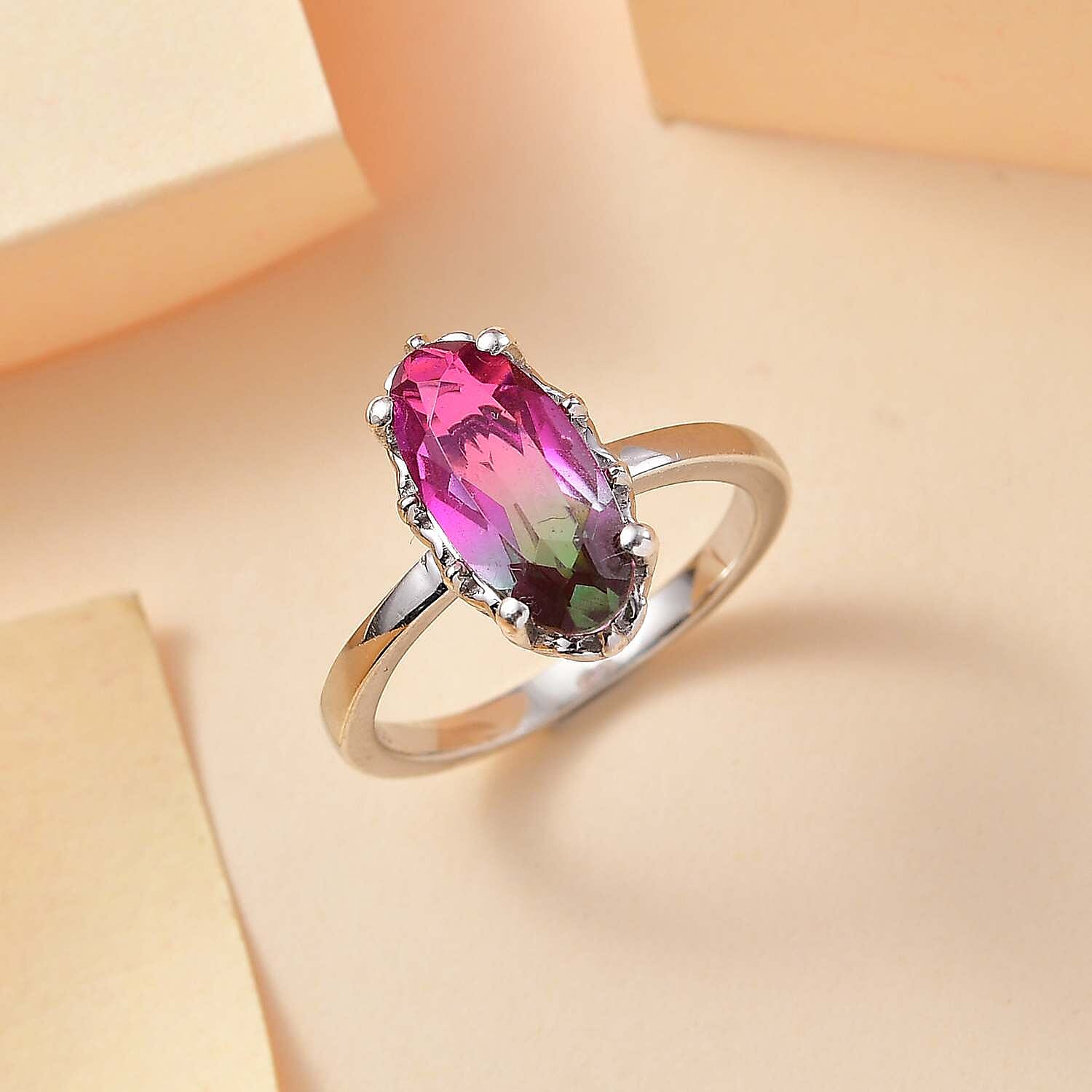 Watermelon Triplet Quartz Solitaire Ring in Platinum Overlay Sterling Silver 2.23 Ct.