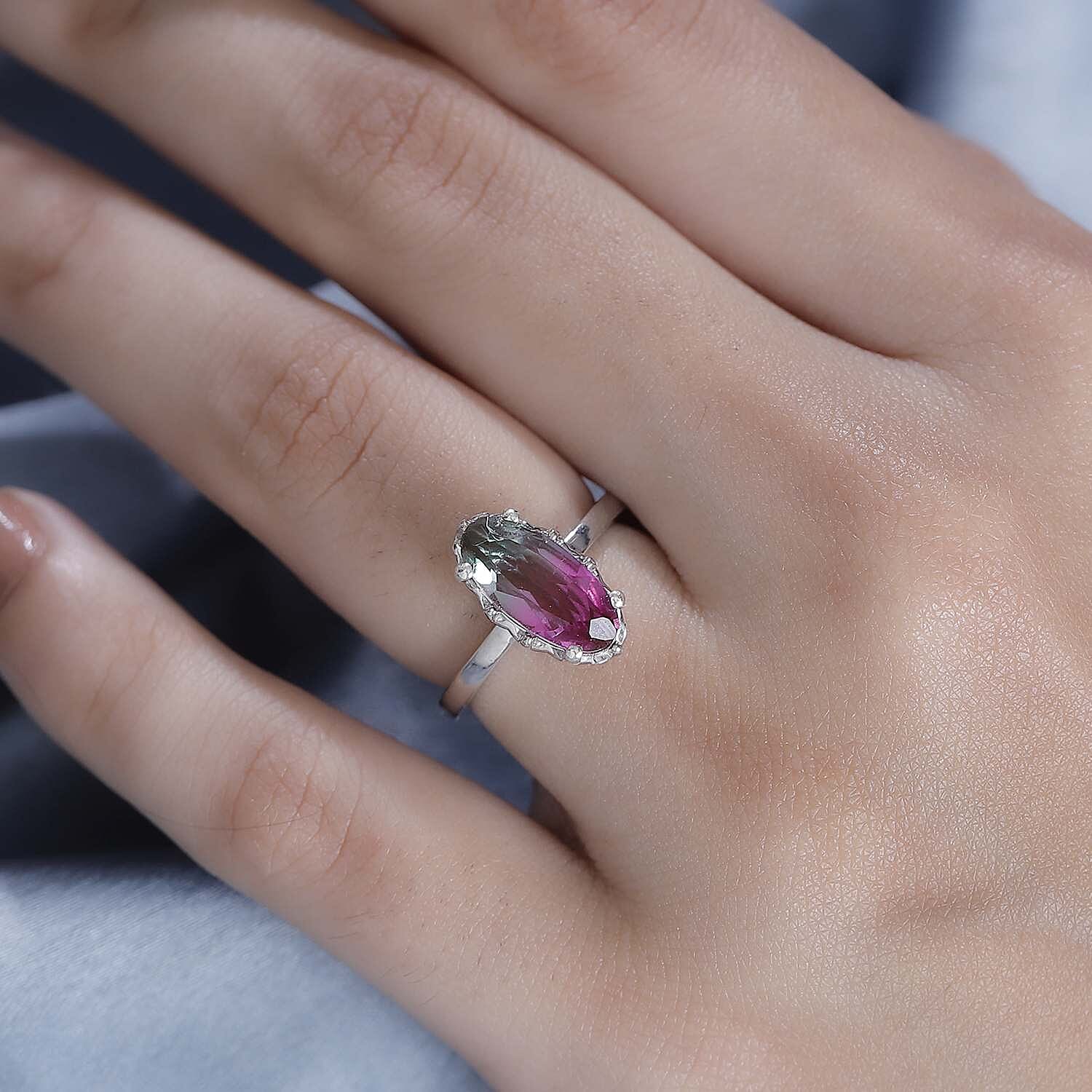 Watermelon Triplet Quartz Solitaire Ring in Platinum Overlay Sterling Silver 2.23 Ct.