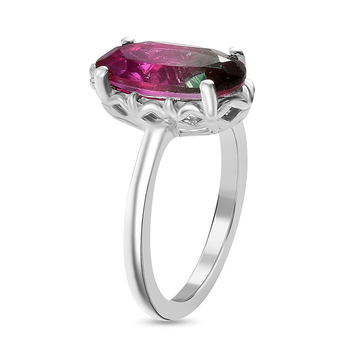 Watermelon Triplet Quartz Solitaire Ring in Platinum Overlay Sterling Silver 2.23 Ct.