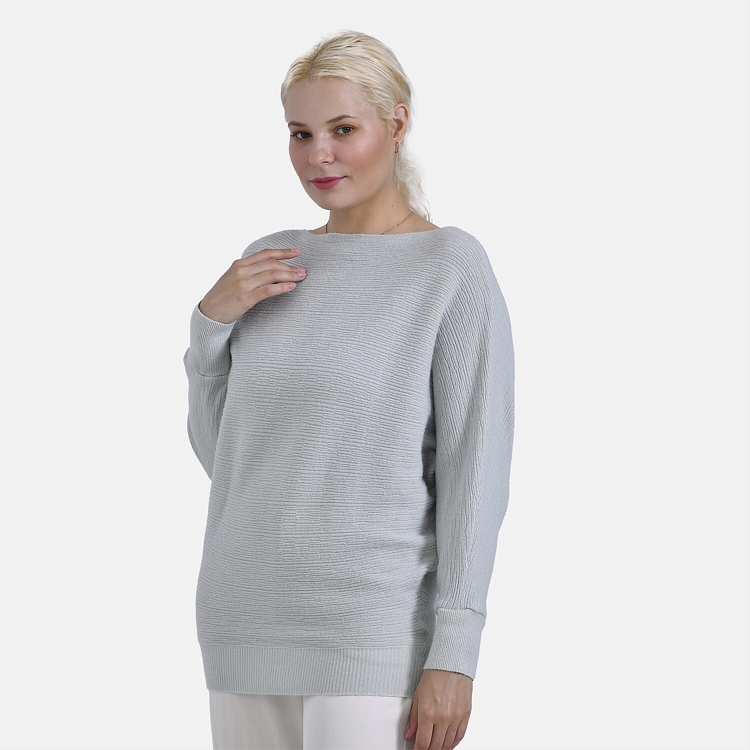Tamsy Boat Neck Batwing Sleeve Jumper (One Size 8-18) - Light Grey