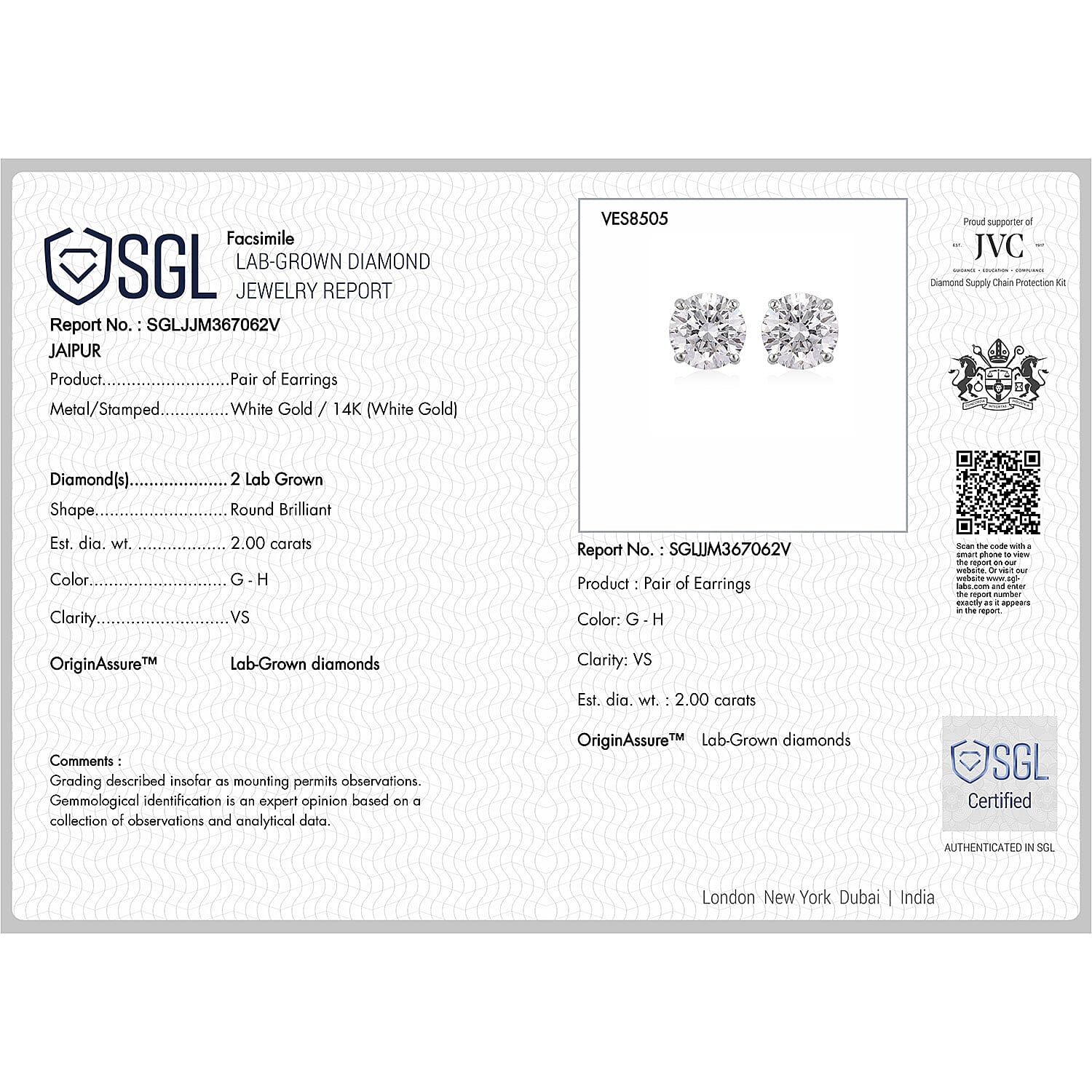 Luxuriant 14K White Gold SGL Certified Lab Grown Diamond (VS-EF) Solitaire Earrings with Screw Back 2.00 Ct.