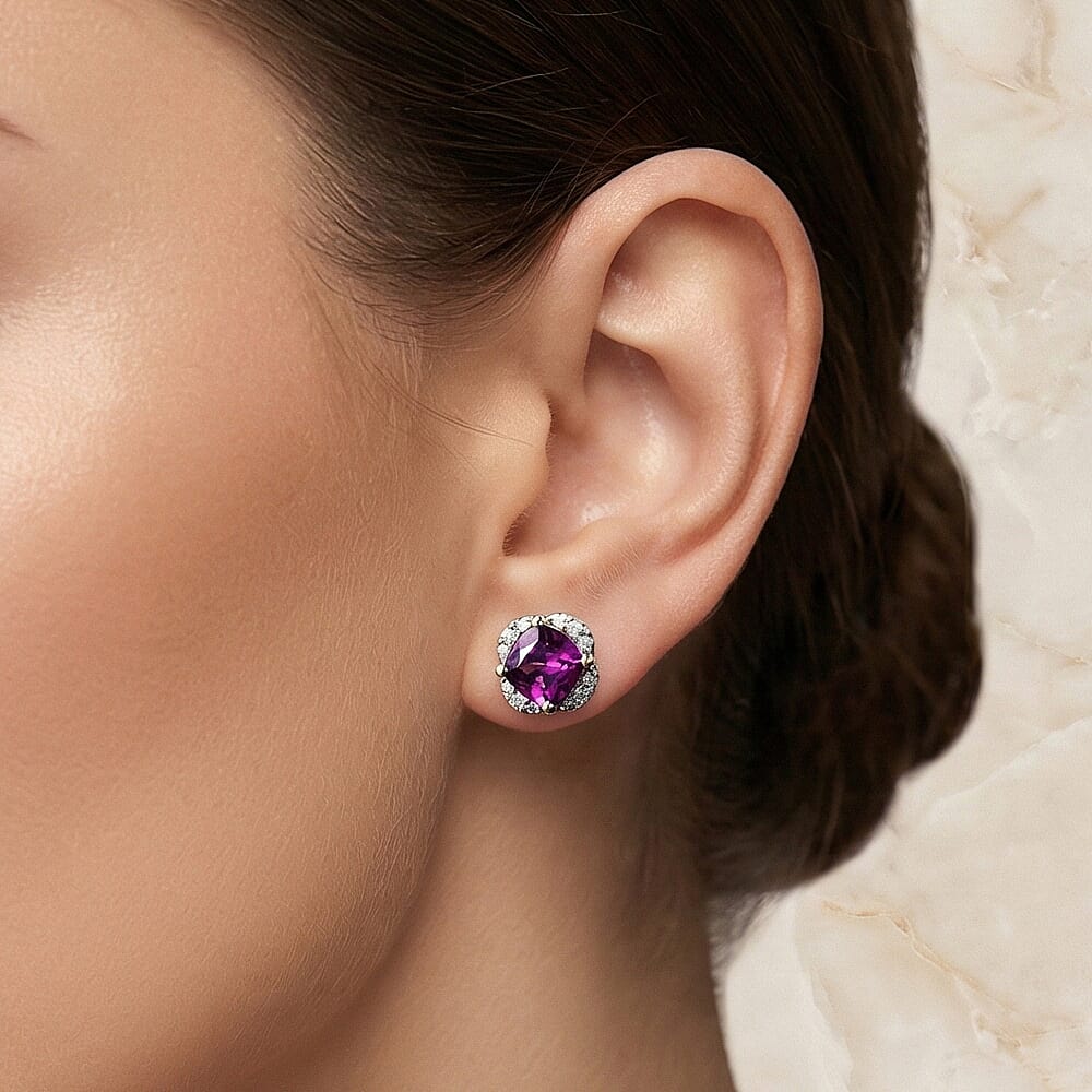 10K Yellow Gold  AAA   Purple Garnet ,  White Diamond  I2 Solitaire Stud Push Post Earring 1.43 ct,  Gold Wt. 1.31 Gms  1.434  Ct.