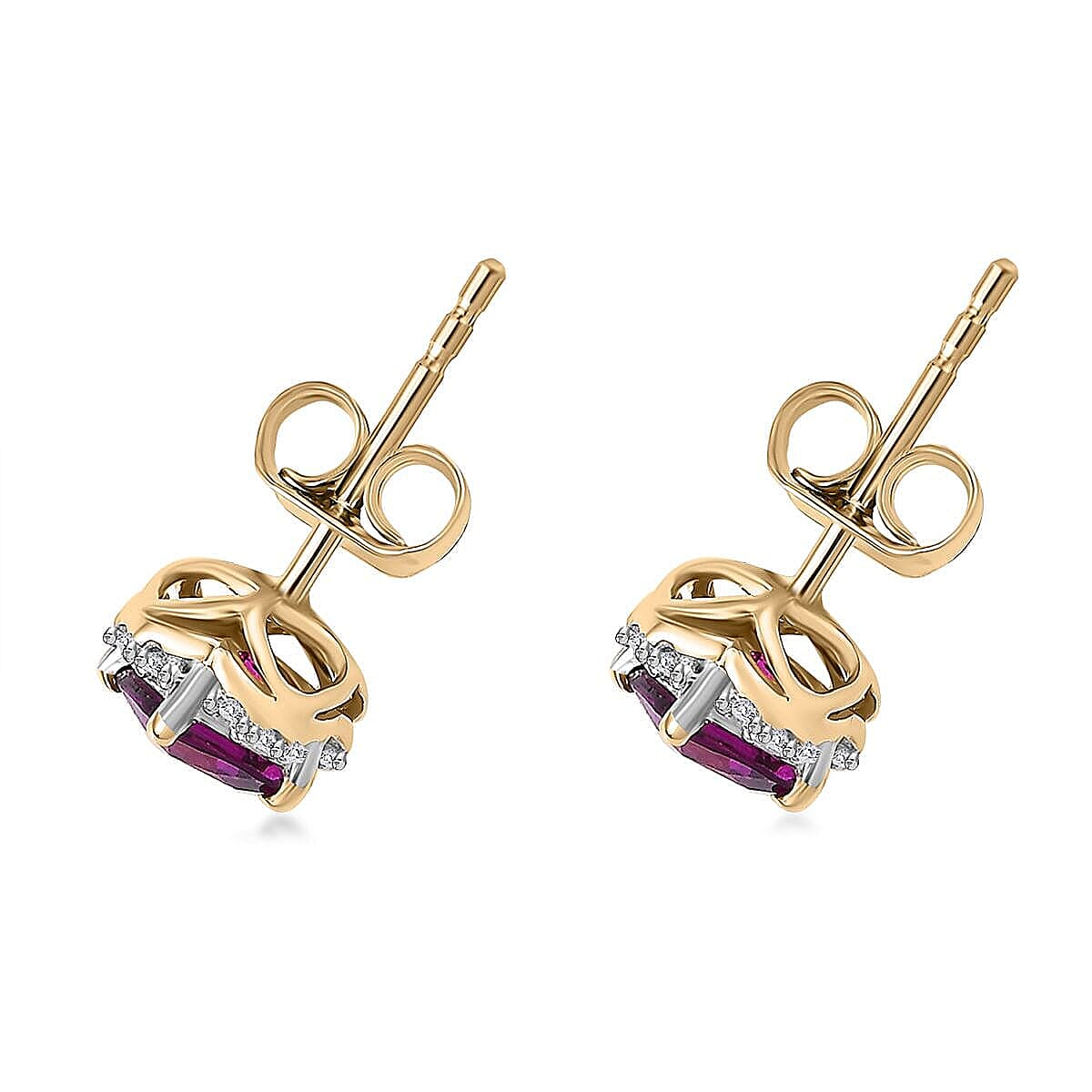 10K Yellow Gold  AAA   Purple Garnet ,  White Diamond  I2 Solitaire Stud Push Post Earring 1.43 ct,  Gold Wt. 1.31 Gms  1.434  Ct.