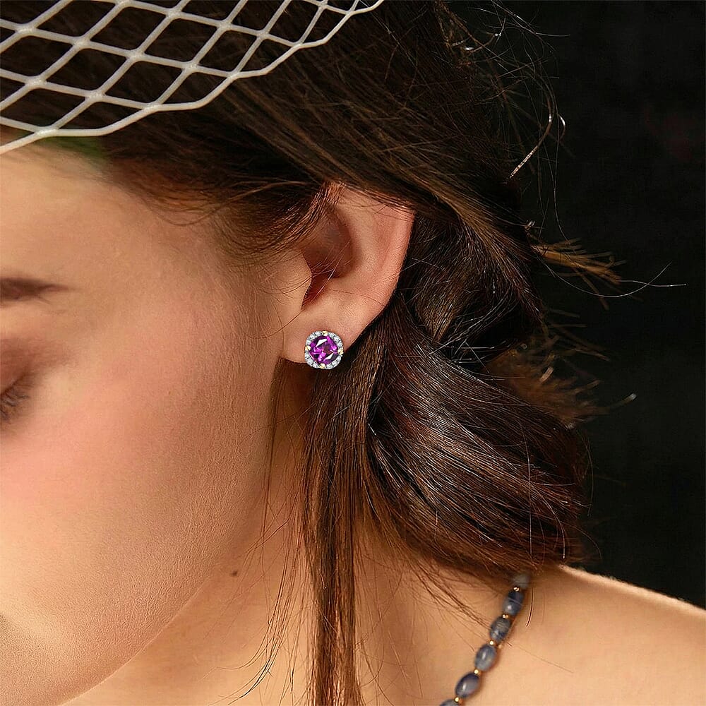 10K Yellow Gold  AAA   Purple Garnet ,  White Diamond  I2 Solitaire Stud Push Post Earring 1.43 ct,  Gold Wt. 1.31 Gms  1.434  Ct.