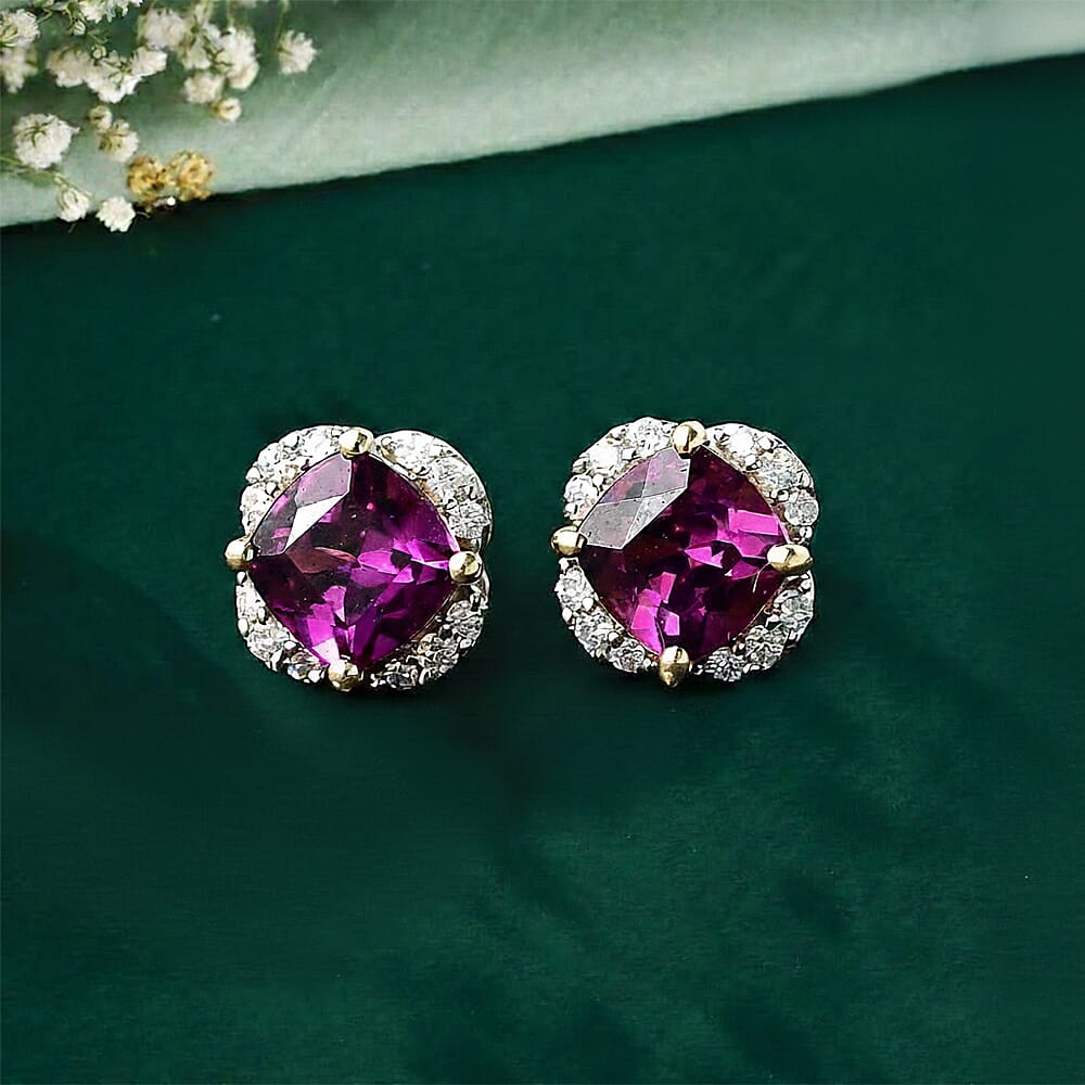 10K Yellow Gold  AAA   Purple Garnet ,  White Diamond  I2 Solitaire Stud Push Post Earring 1.43 ct,  Gold Wt. 1.31 Gms  1.434  Ct.