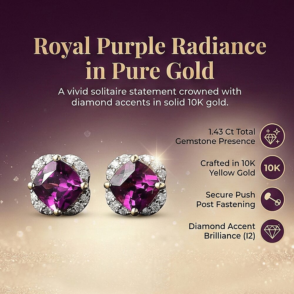 10K Yellow Gold  AAA   Purple Garnet ,  White Diamond  I2 Solitaire Stud Push Post Earring 1.43 ct,  Gold Wt. 1.31 Gms  1.434  Ct.
