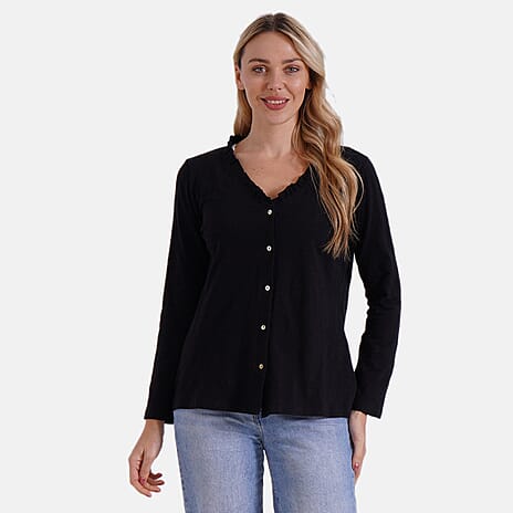 La Marey 100% Cotton Stylish Button-Up Long Sleeve Shirt with Frill Collar (Size 12 to 14) - Black