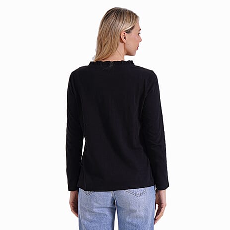 La Marey 100% Cotton Stylish Button-Up Long Sleeve Shirt with Frill Collar (Size 20 to 22) - Black
