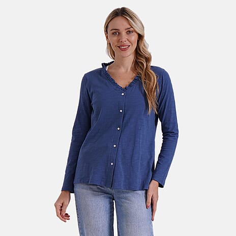 La Marey 100% Cotton Long Sleeve Shirt with Ruffled V-Neck (Size 16 to 18) - Navy