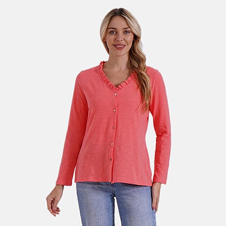 La Marey 100% Cotton Long Sleeve Shirt with Ruffled V-Neck (Size 12 to 14) - Orange
