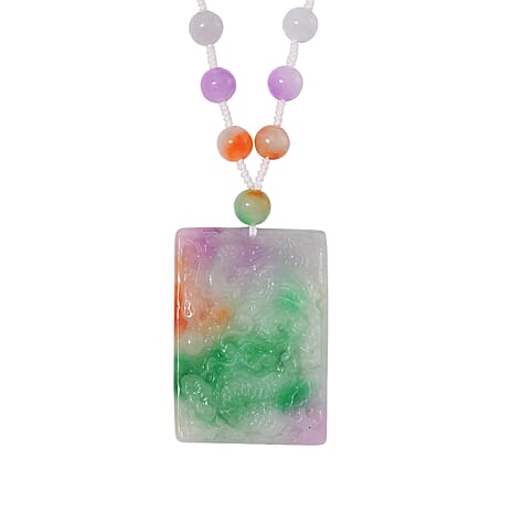 Rainbow Colour Dragon Carved Jade Necklace (Size 20) in Rhodium Overlay Sterling Silver 300.00 Ct.