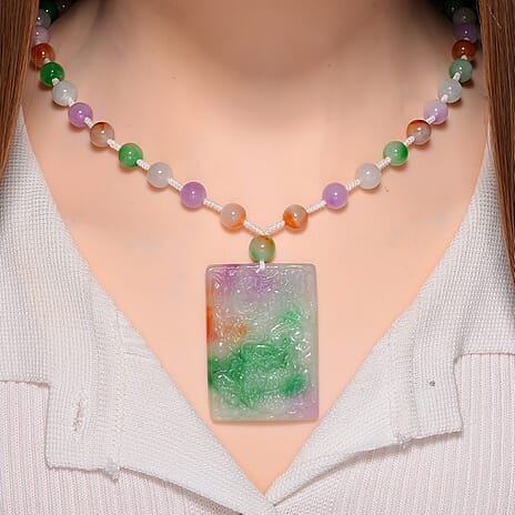 Rainbow Colour Dragon Carved Jade Necklace (Size 20) in Rhodium Overlay Sterling Silver 300.00 Ct.