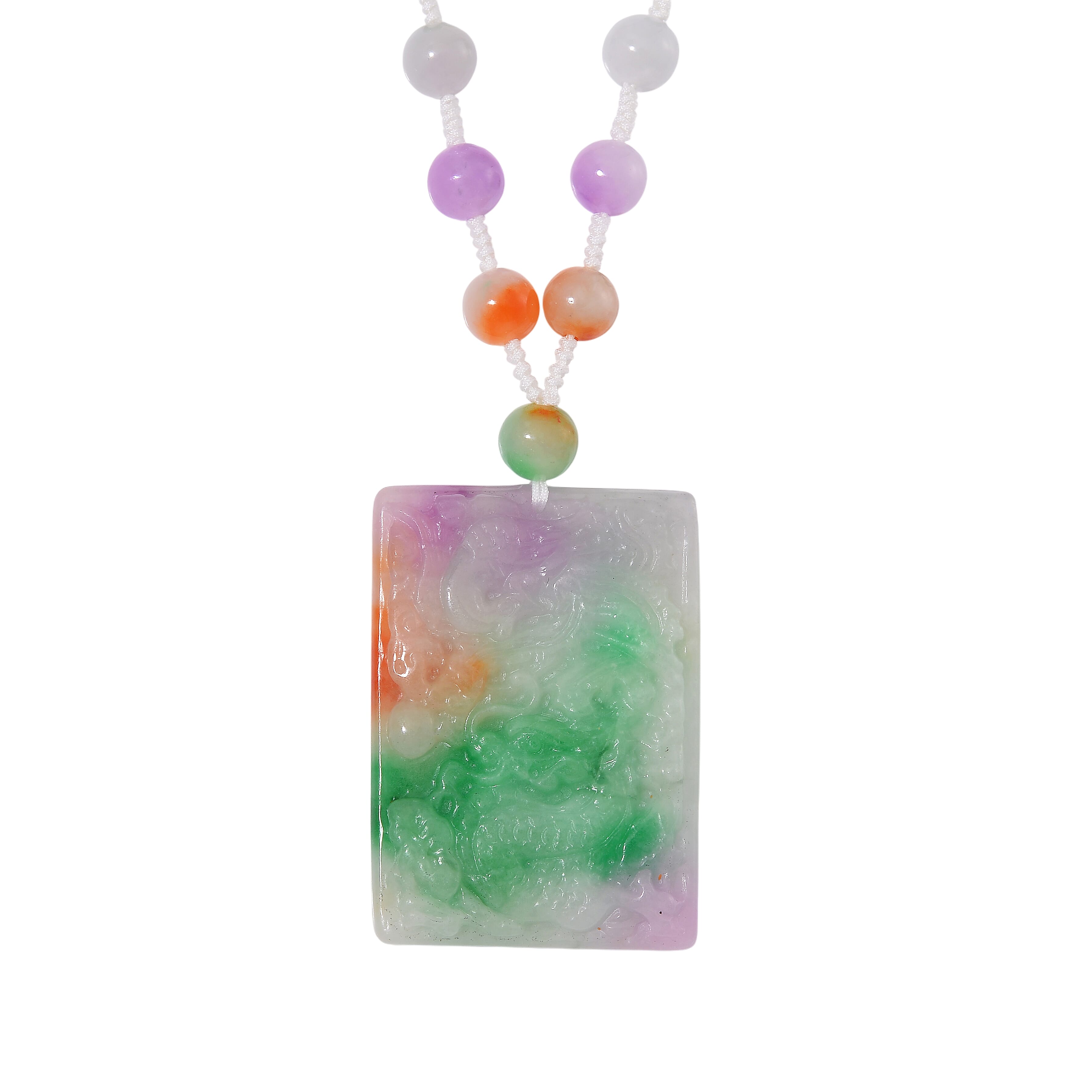 Rainbow Colour Dragon Carved Jade Necklace (Size 20) in Rhodium Overlay Sterling Silver 300.00 Ct. Rainbow Colour Dragon Carved Jade Necklace (Size 20) in Rhodium Overlay Sterling Silver 300.00 Ct.