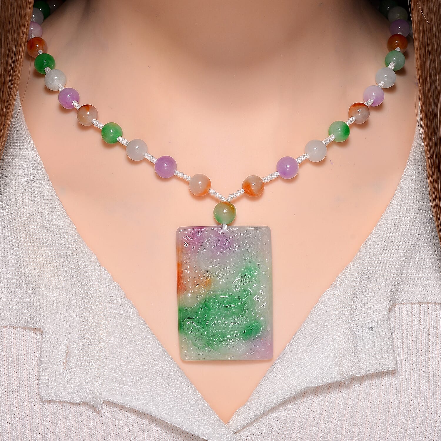 Rainbow Colour Dragon Carved Jade Necklace (Size 20) in Rhodium Overlay Sterling Silver 300.00 Ct. Rainbow Colour Dragon Carved Jade Necklace (Size 20) in Rhodium Overlay Sterling Silver 300.00 Ct.