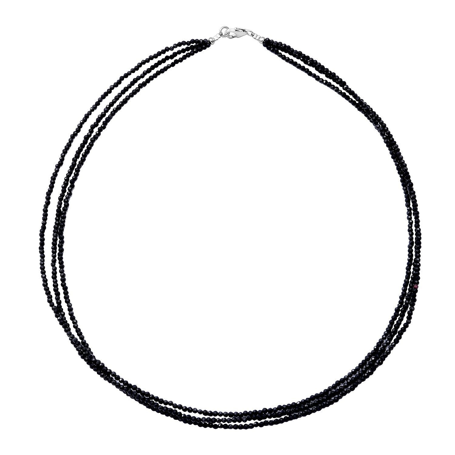 Natural Black 3 String Black Spinel Ball Diamond Cut Necklace With Lobster Clasp (Size - 20) in Sterling Silver 55.0 Ct.