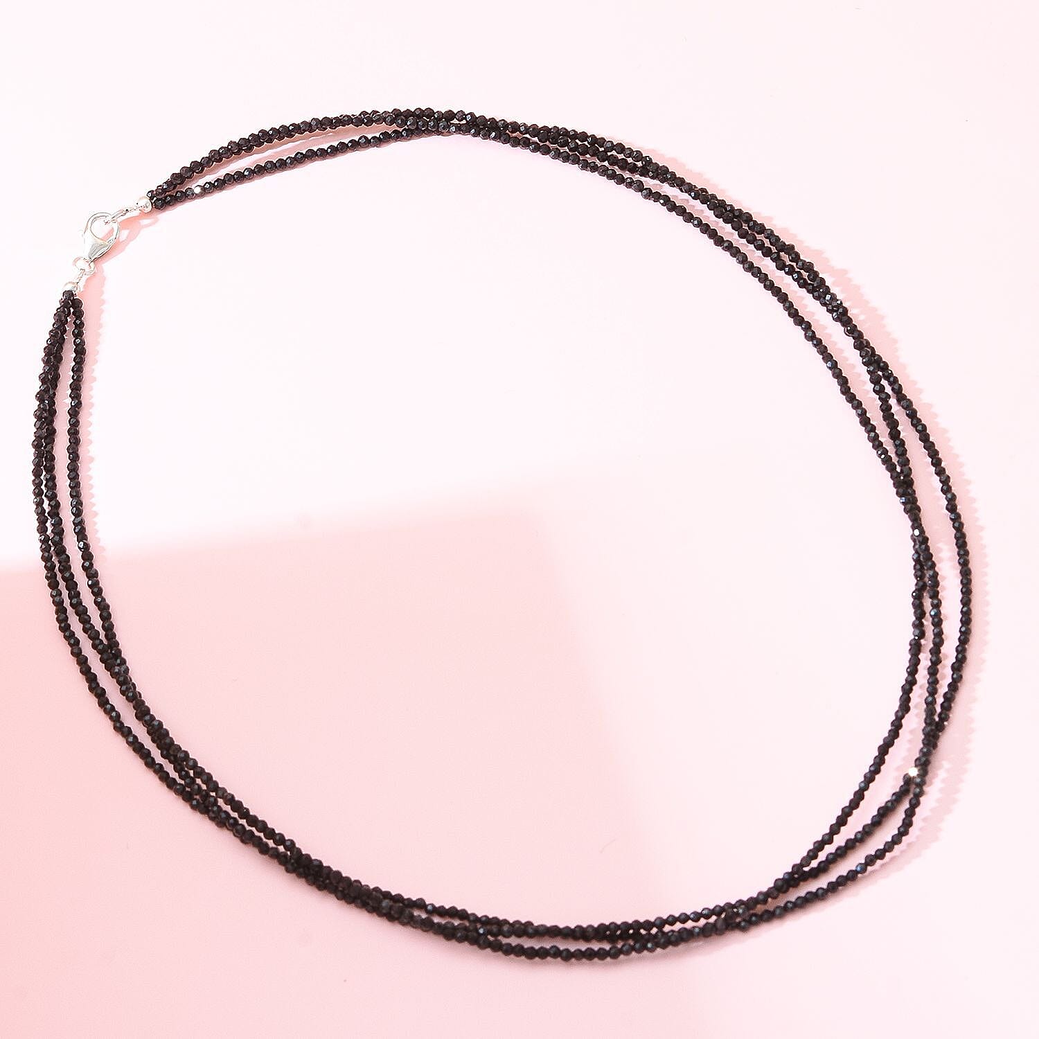 Natural Black 3 String Black Spinel Ball Diamond Cut Necklace With Lobster Clasp (Size - 20) in Sterling Silver 55.0 Ct.