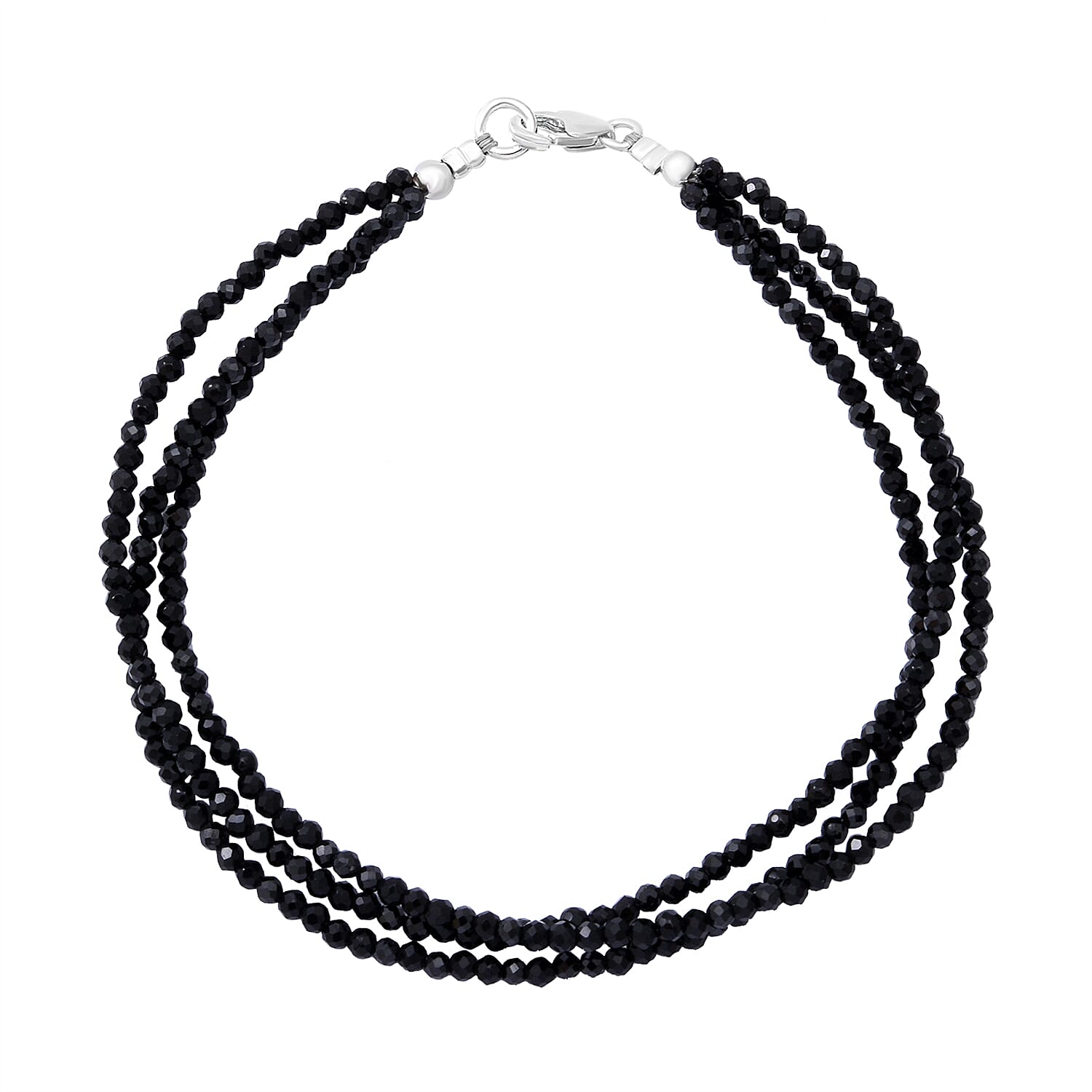 Black Spinel Triple Strand Bracelet With Lobster Clasp (Size - 7.5) in Rhodium Overlay Sterling Silver 35.00 Ct.