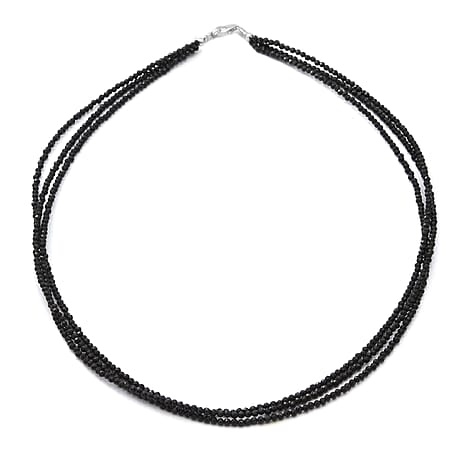 Black Spinel Triple Strand Necklace With Lobster Clasp (Size - 18) in Rhodium Overlay Sterling Silver 50.00 Ct.