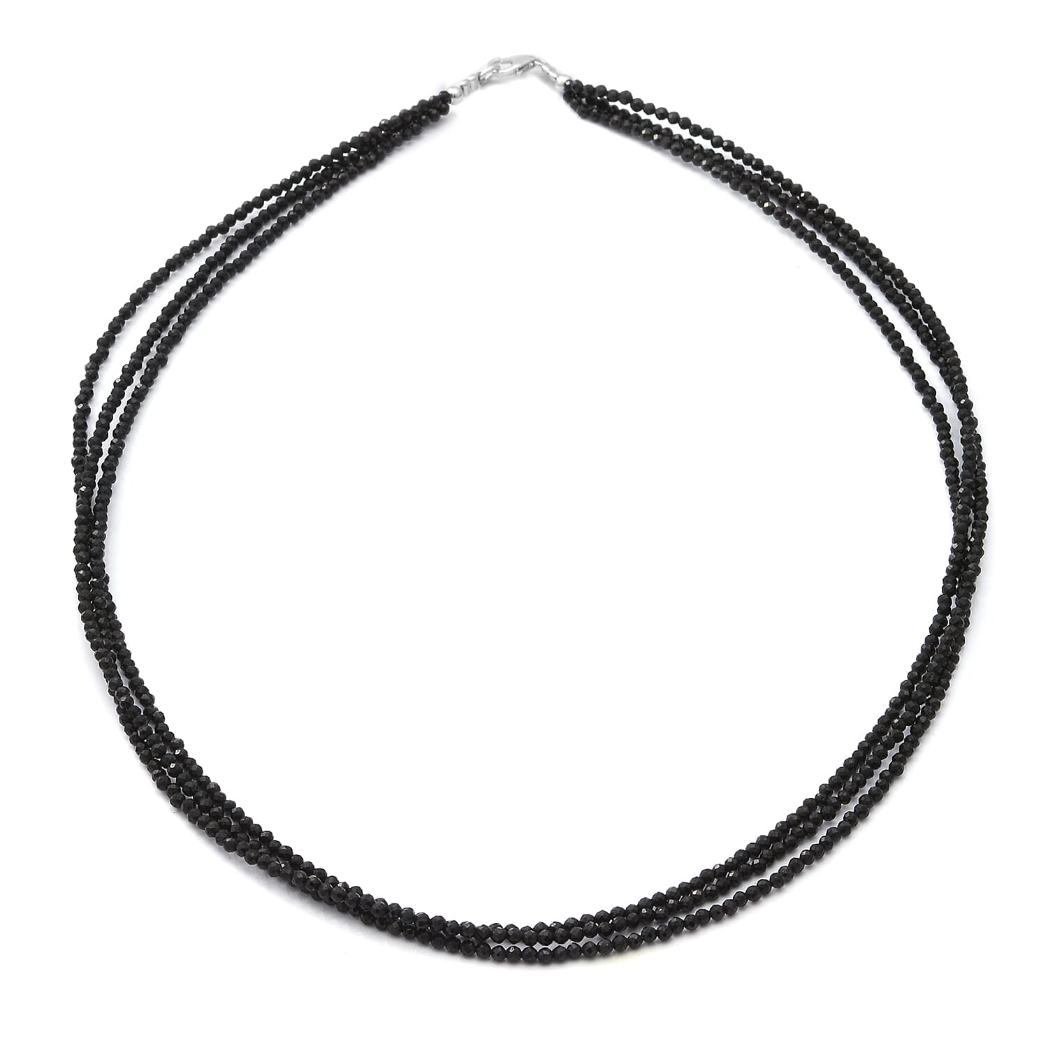 Black Spinel Triple Strand Necklace With Lobster Clasp (Size - 18) in Rhodium Overlay Sterling Silver 50.00 Ct.