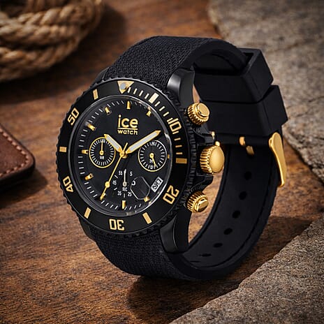 ICE-WATCH Ice Chrono Quartz 10ATM WR Dark Blue & Gold Dial & Black Case Mens Watch with Dark Blue Silicone Strap