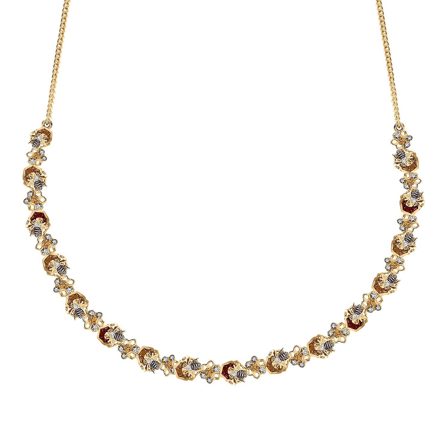 GP Honeycomb Collection - Red Garnet, Blue Sapphire,White Zircon Cluster Necklace (Size - 20) in 18K Yellow Gold Vermeil Sterling Silver 11.75 Ct