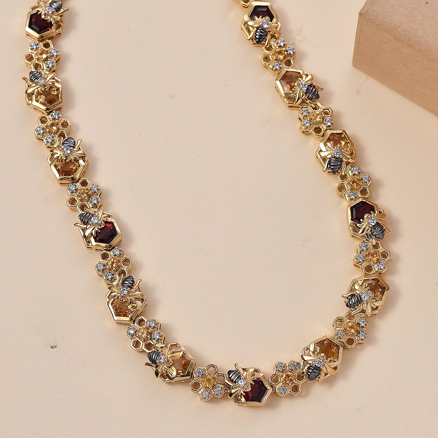 GP Honeycomb Collection - Red Garnet, Blue Sapphire,White Zircon Cluster Necklace (Size - 20) in 18K Yellow Gold Vermeil Sterling Silver 11.75 Ct