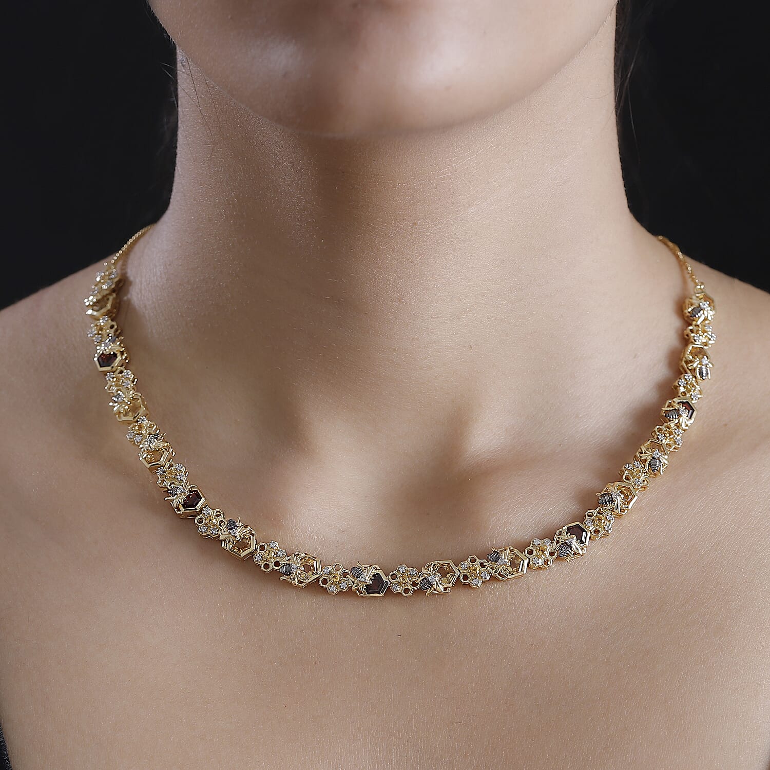 GP Honeycomb Collection - Red Garnet, Blue Sapphire,White Zircon Cluster Necklace (Size - 20) in 18K Yellow Gold Vermeil Sterling Silver 11.75 Ct