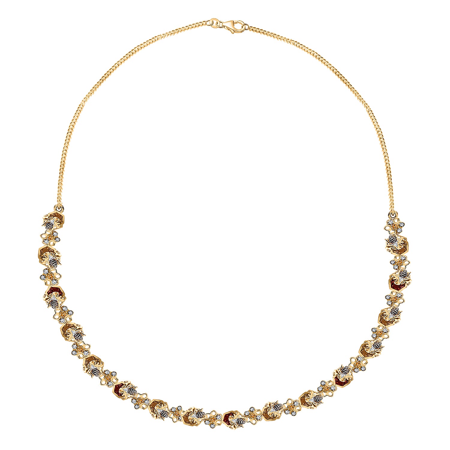 GP Honeycomb Collection - Red Garnet, Blue Sapphire,White Zircon Cluster Necklace (Size - 20) in 18K Yellow Gold Vermeil Sterling Silver 11.75 Ct