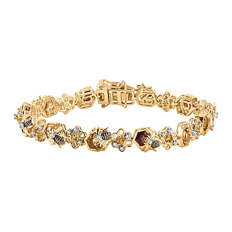 GP Honeycomb Collection - Red Garnet, Blue Sapphire, White Zircon Cluster Bracelet With GB Lock Box (Size - 7) in 18K Yellow Gold Vermeil Sterling Silver 8.39 Ct.