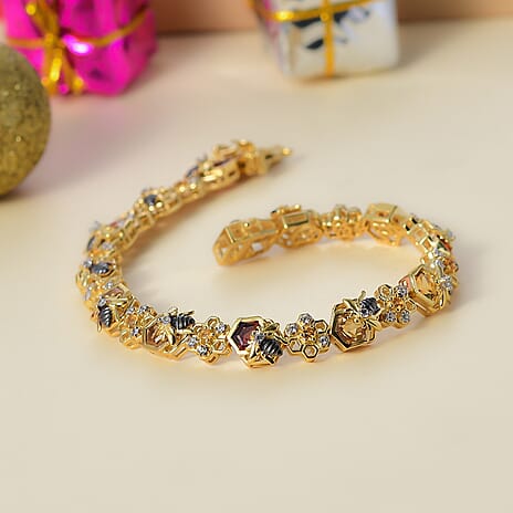 GP Honeycomb Collection - Red Garnet, Blue Sapphire, White Zircon Cluster Bracelet With GB Lock Box (Size - 7) in 18K Yellow Gold Vermeil Sterling Silver 8.39 Ct.