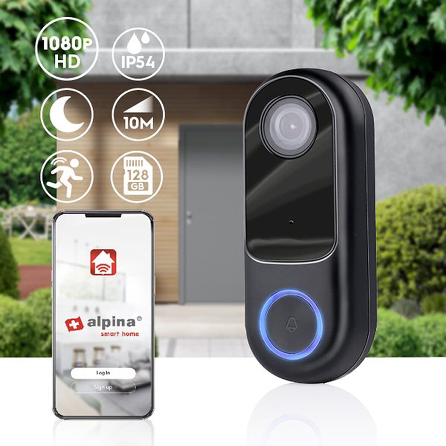 ONE TIME DEAL - Alpina Smart Home Wireless Bell with Camera - Doorbell - WiFi - Video - Full HD - Intercom - Night Vision - Motion Sensor
