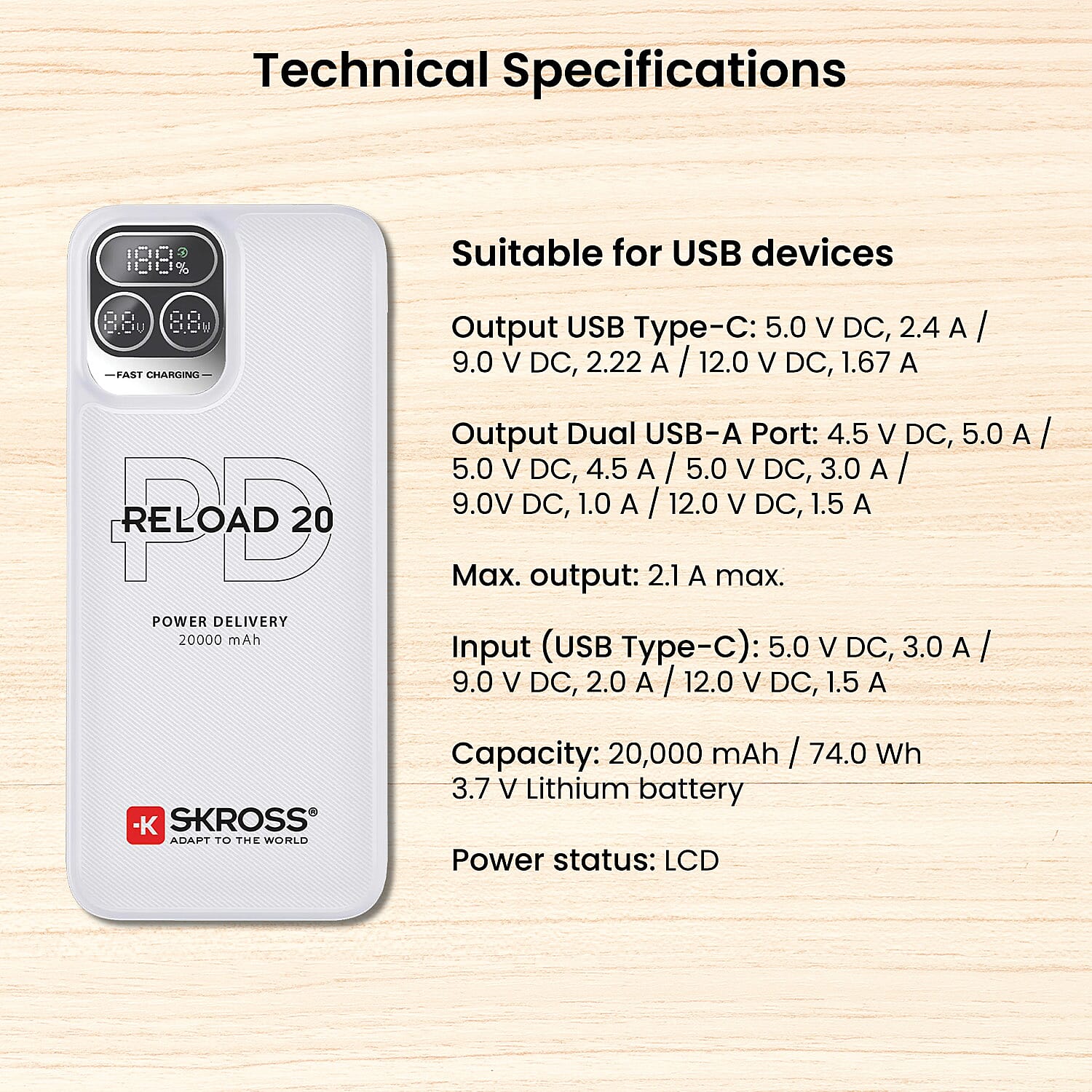 Sk-ross Powerbank 20,000 mAh - White