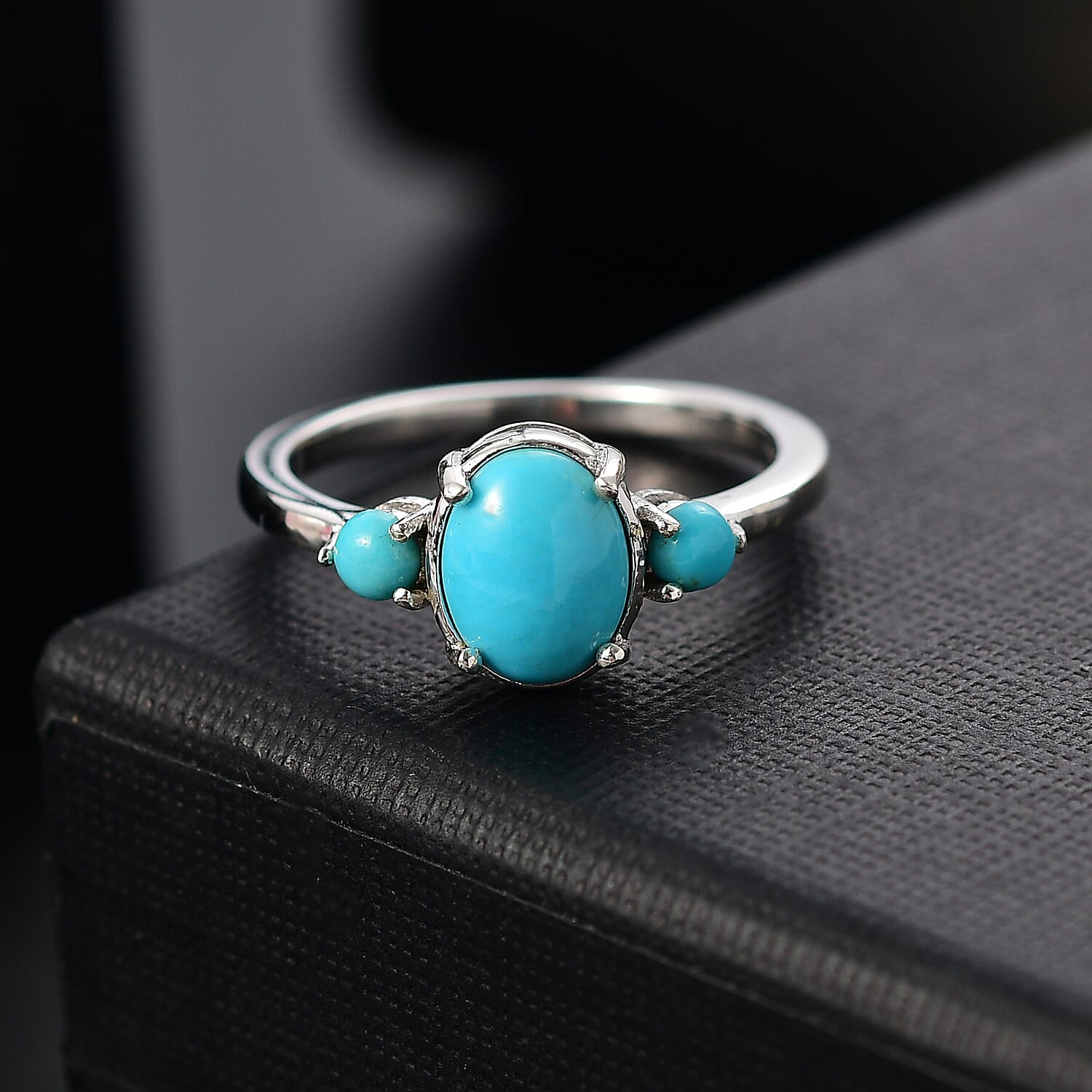 Sleeping Beauty Turquoise Trilogy Ring in Rhodium Overlay Sterling Silver 1.27 Ct.