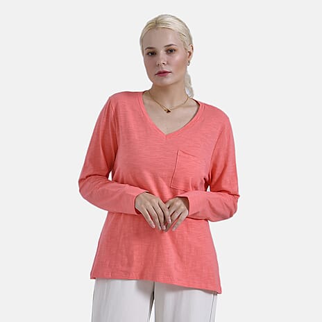 La Marey 100% Cotton Long Sleeve V-Neck Top (Size 8 to10) - Red