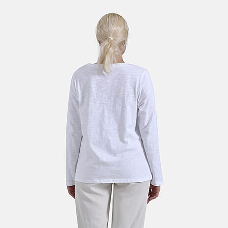 La Marey 100% Cotton Long Sleeve V-Neck Top (Size 12 to 14) - White