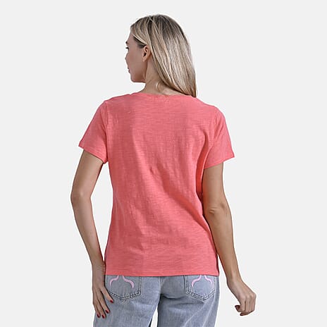 La Marey 100% Cotton V-Neck Short Sleeve Casual Top (Size S) -  Orange