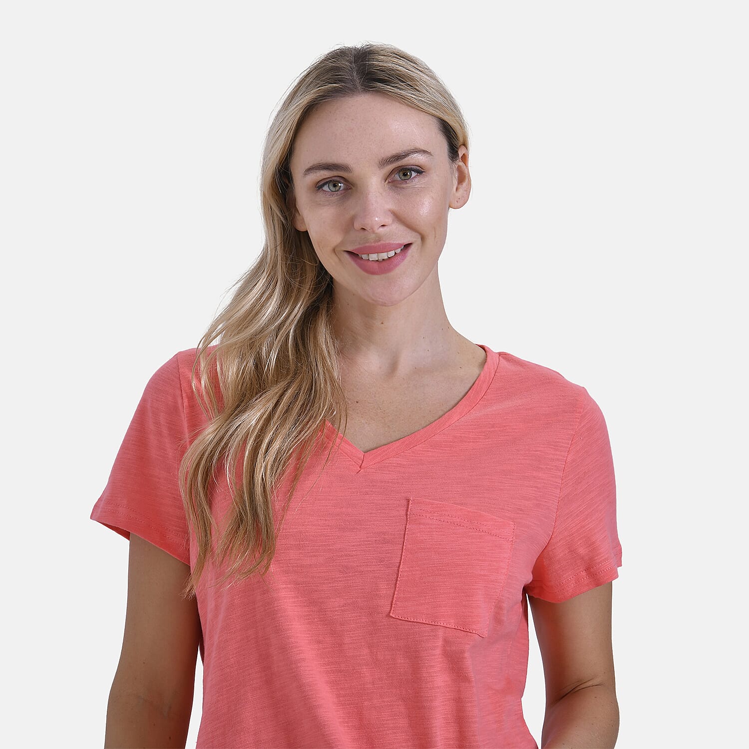 La Marey 100% Cotton V-Neck Short Sleeve Casual Top (Size S) -  Orange