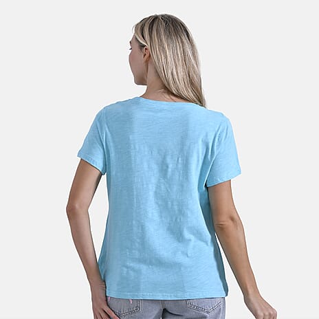 La Marey 100% Cotton V-Neck Short Sleeve Casual Top (Size S) - Turquoise Green