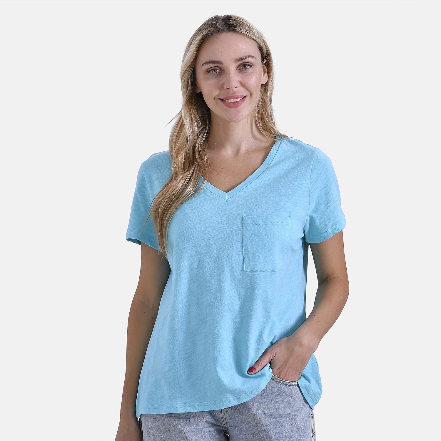 La Marey 100% Cotton V-Neck Short Sleeve Casual Top (Size S) -  Orange