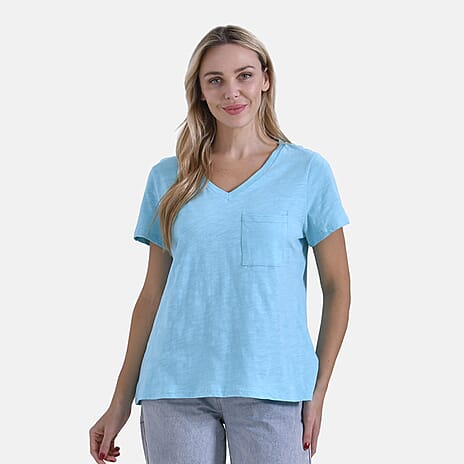 La Marey 100% Cotton V-Neck Short Sleeve Casual Top (Size XL) - Turquoise Green